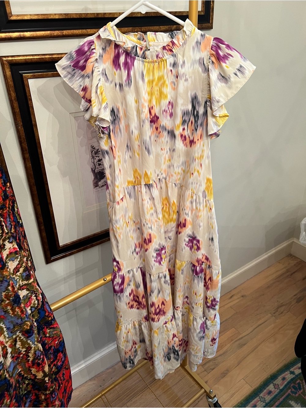 Boutique Women’s Floral Tiered Midi Dress in Cream with Yellow & Purple Accents